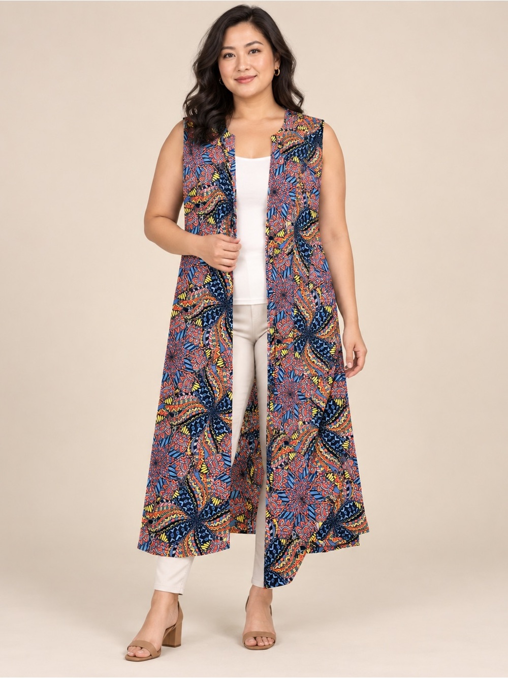 LuLaRoe Joy Vest Medium Multicolor Floral Geometric Long Duster Sleeveless